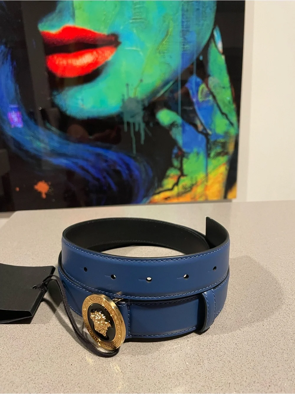 Versace Blue Leather Belt with Gold Medusa Buckle  SZ 110/44